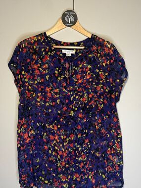 Liz Claiborne Women's Petite Purple Multicolor Floral Cap-Sleeve Sheer Blouse Si